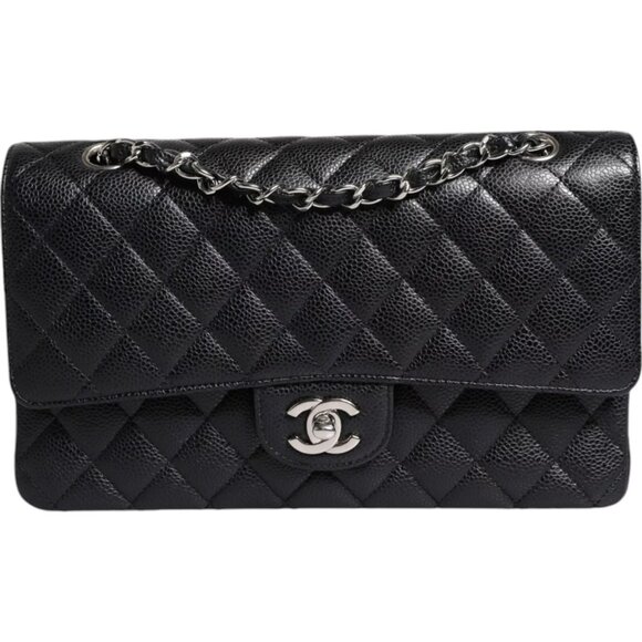 Chanel Black Caviar Medium Classic Double Flap Shoulder Quilted Silver Bag - Picture 6 of 8
